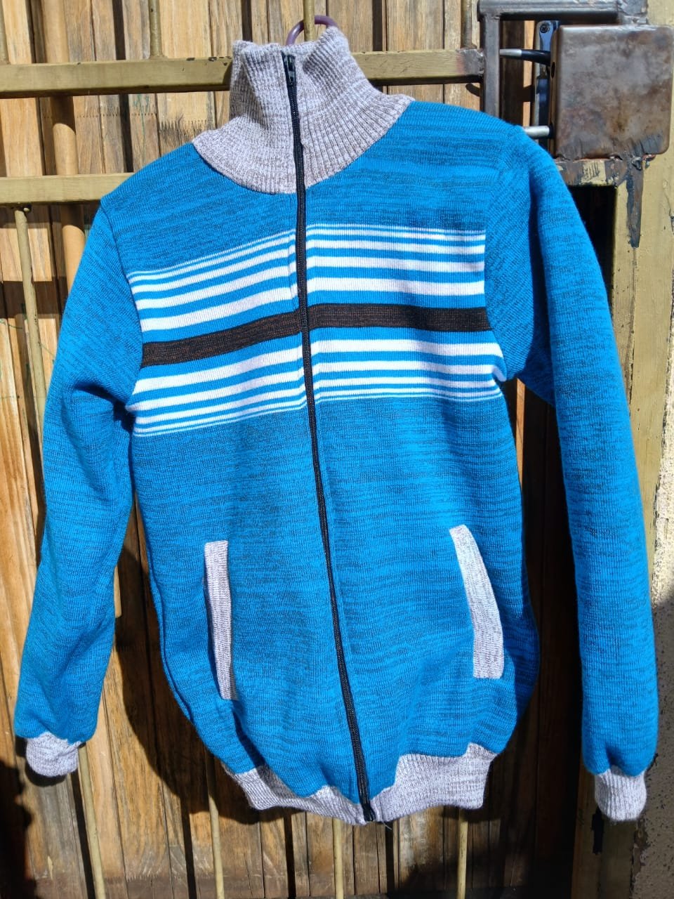 Blue & grey striped knitwear jacket — M2 Embroidery